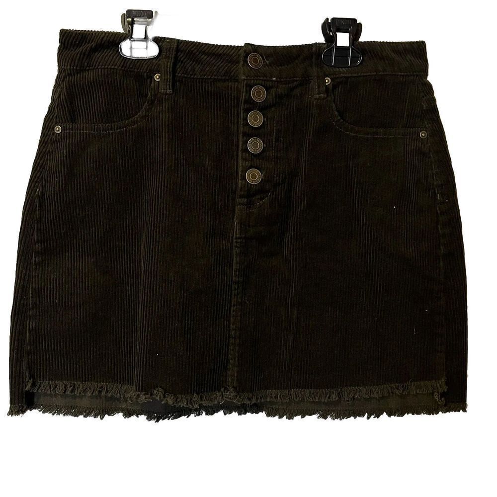 Indigo Rein Mini Skirt Size 5/26 Corduroy Raw Hem Briwn Button Fly